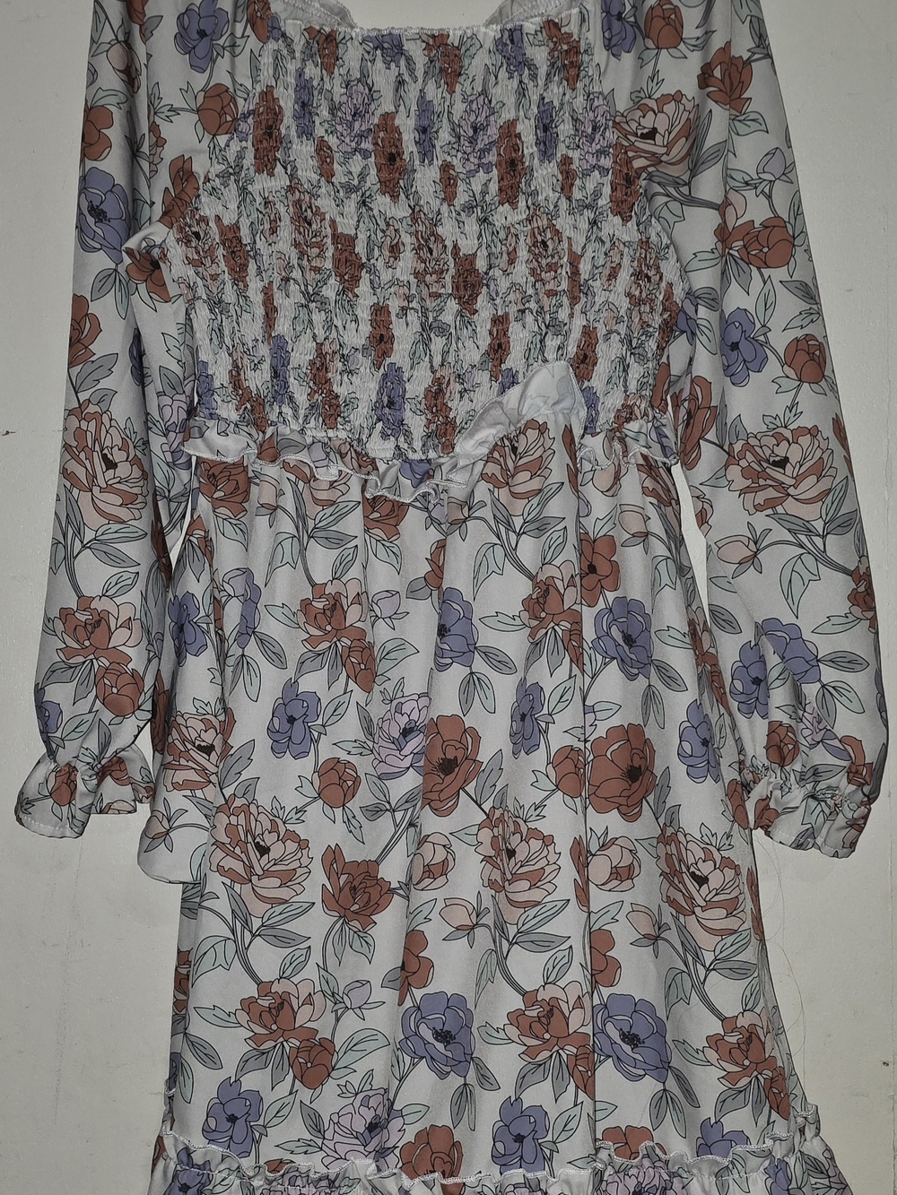 Womems White Floral Smocked Dress with Rust and Lavender Blooms